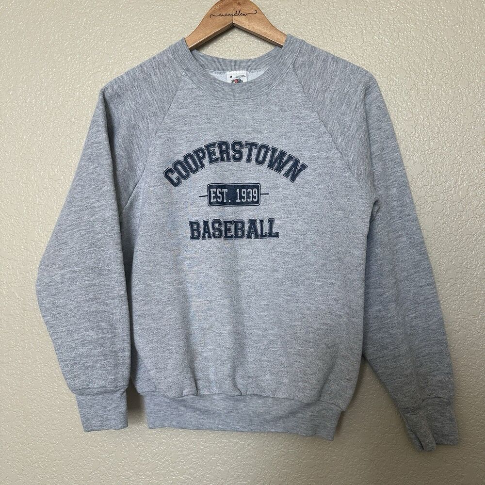 Vintage Fruit Of The Loom Fleece Sweatshirt Gray Cooperstown Baseball Youth‎ Med